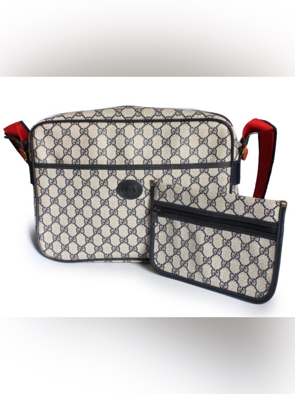 Vintage Gucci GG Supreme Messenger Bag with Red Strap and Pouch